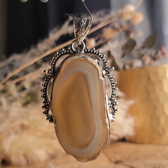 Radiant Golden Banded Agate Pendant, Sterling Silver Vintage-Inspired Necklace - Picture 4 of 10